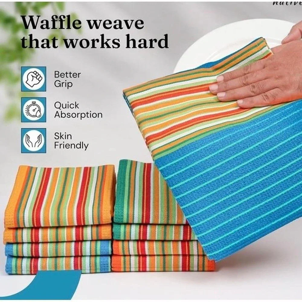 Set of 12 KITCHEN TOWELS -  Salsa Stripe Pure Cotton Absorbent Waffle Weave Dish